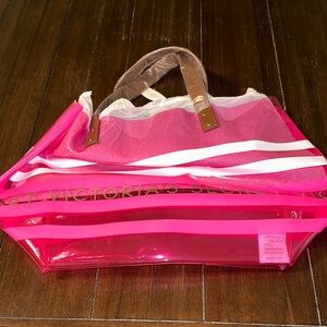 Victoria's Secret Hot Pink and White Clear Stripe Tote